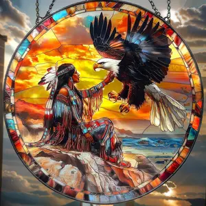 Native American And Eagle Acrylic Suncatcher - Faux Stained Glass Window Hanging - Spiritual Nature Decor & Heritage Gift, Home Decor