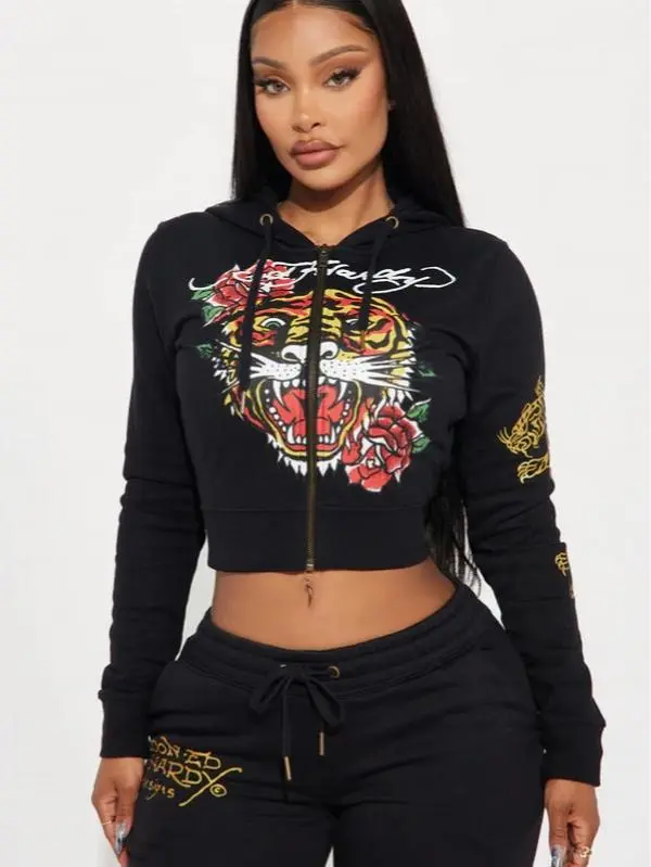 Ed Hardy Retro Tiger Zip Front Hoodie - Black