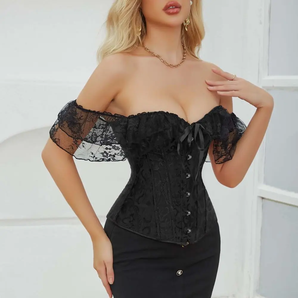 Women's Gothic Lace Overbust Corset, Lightweight Jacquard Bustier Top for Party, Halloween Costume with Lace-Up Back, Light, Christmas, Wedding, Thanksgiving, Fashion, Elegant, Sexy, Clothes, Burlesque, Corset Top, Fantasy, Steampunk, Valentines Day, Brid