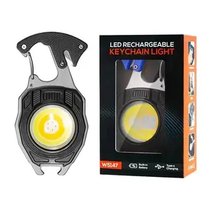 Outdoor Portable Keychain Work Light, Type-C Rechargeable, Magnetic Foldable Emergency Light, Camping, Cycling, Walking Tool with Bottle Opener