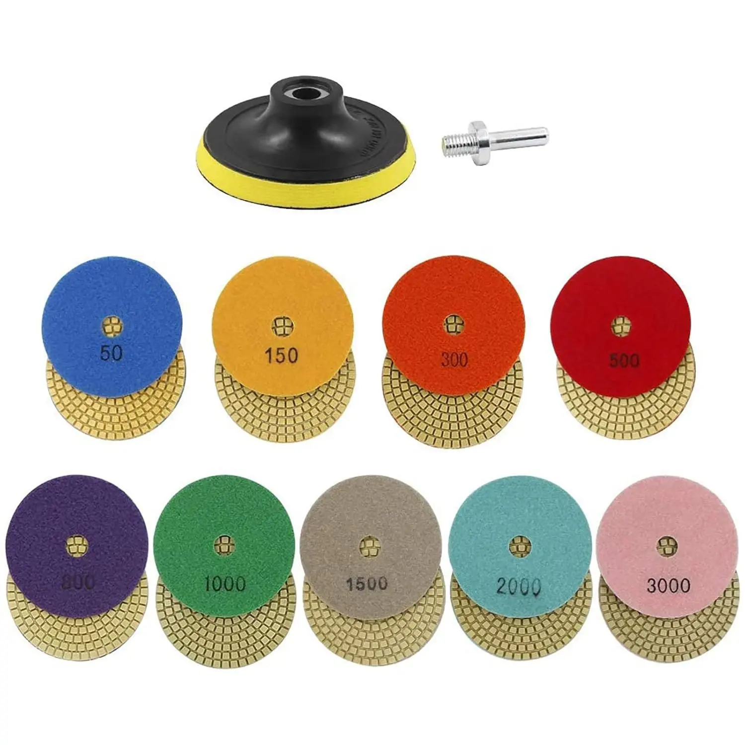 Diamond Polishing Pads Set 4 inch Wet/Dry Diamond Sanding Pads Kit 11 Piece Set Granite Stone Concrete Marble Buffer with 5/8’’-11 Backer Pad Pad Kit Round Adhesive Sanding Plate Set tools