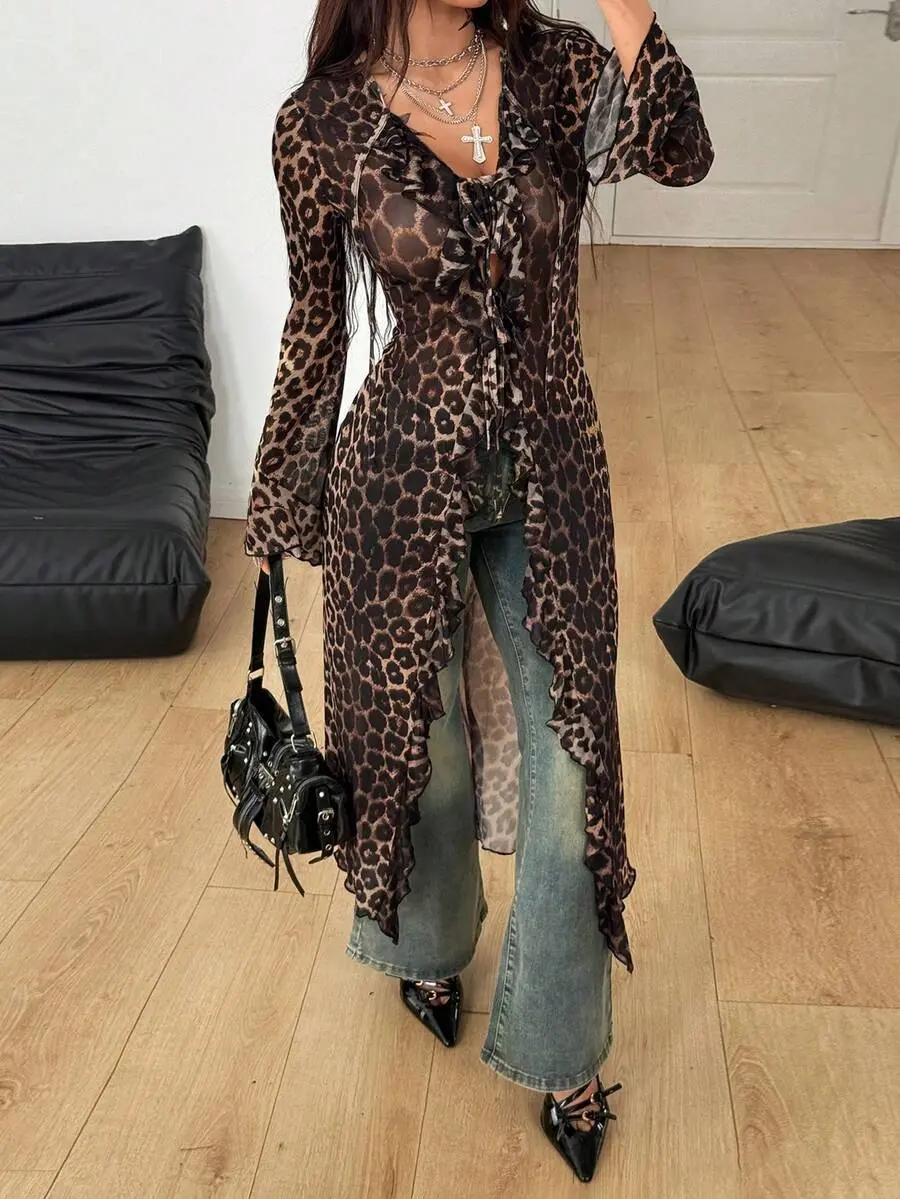 MUVA Women's Winter/All-Season Rave Party Renaissance Fair Hippie Music Festival Vintage Gyaru Mesh Straps Ruffle Ribbon Leopard Long Coat