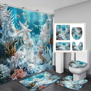 Creative Underwater World Theme 3D Effect Ocean Plant Shower Curtain Set, Bathroom Decoration Accessories, Soft Colors Coral Pattern, Includes Hooks & Non-Slip Mat