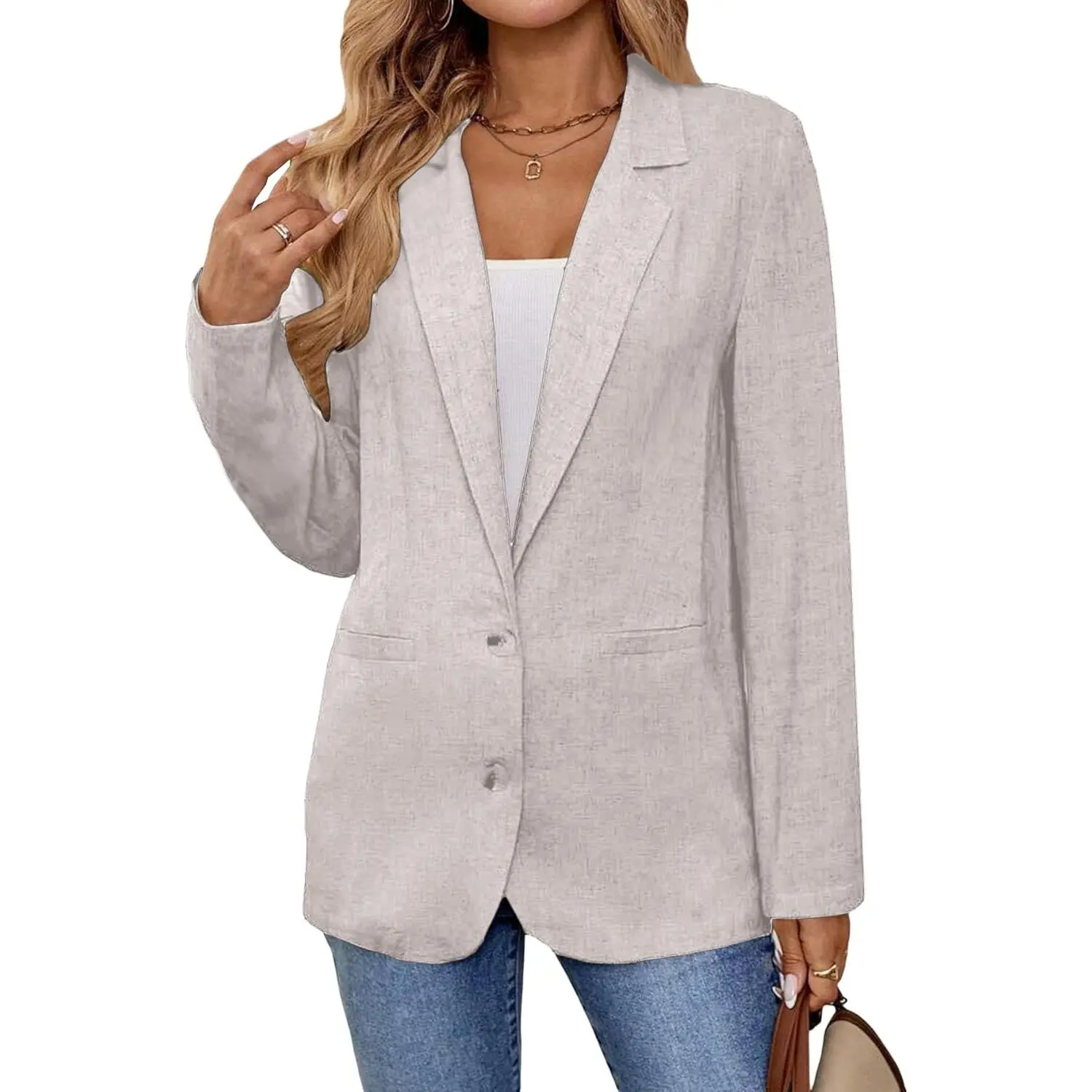 MINA SELF Women's Linen Blazer Jacket - Lightweight Long Sleeve Tops with Pockets for Dress Casual Work and Smart Casual Style, Business, Wardrobe Staples, Lady, Ready To Wear, Basic
