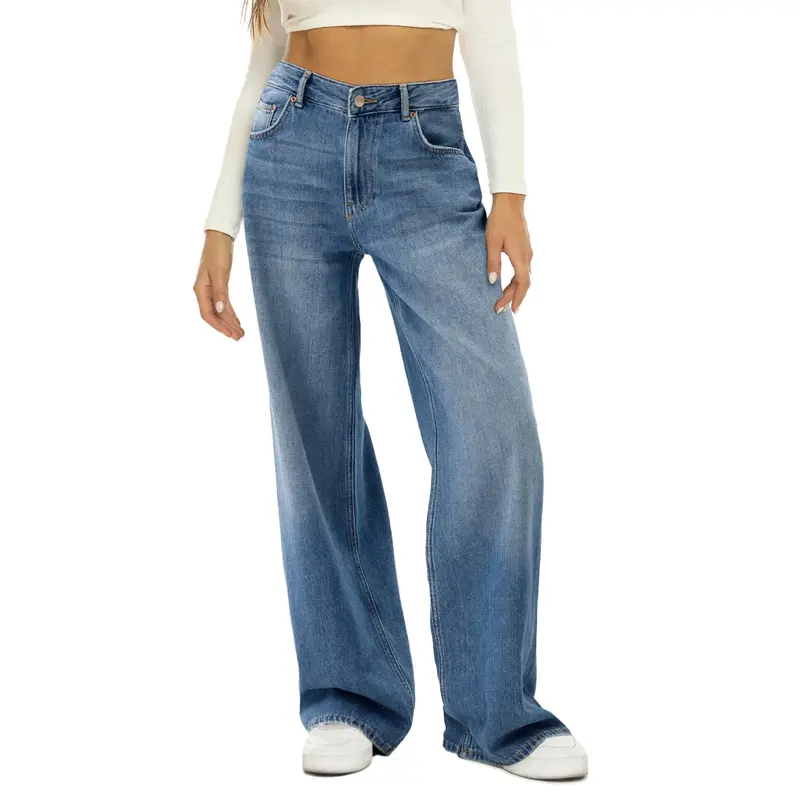 Genleck Women's High Waisted Baggy Wide Jeans - Stretchy H-Type Cotton Everyday Women's Denim Pants