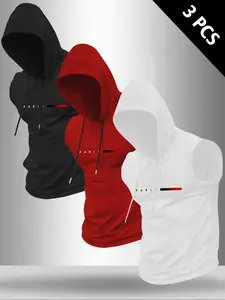 Men's 3-Piece Letter Print Hooded Sleeveless T-Shirt Set, Athletic Letter Print, Casual Comfortable Summer Outdoor Fitness Wear, Fitted Polyester Fabric, Workout Gym Clothing