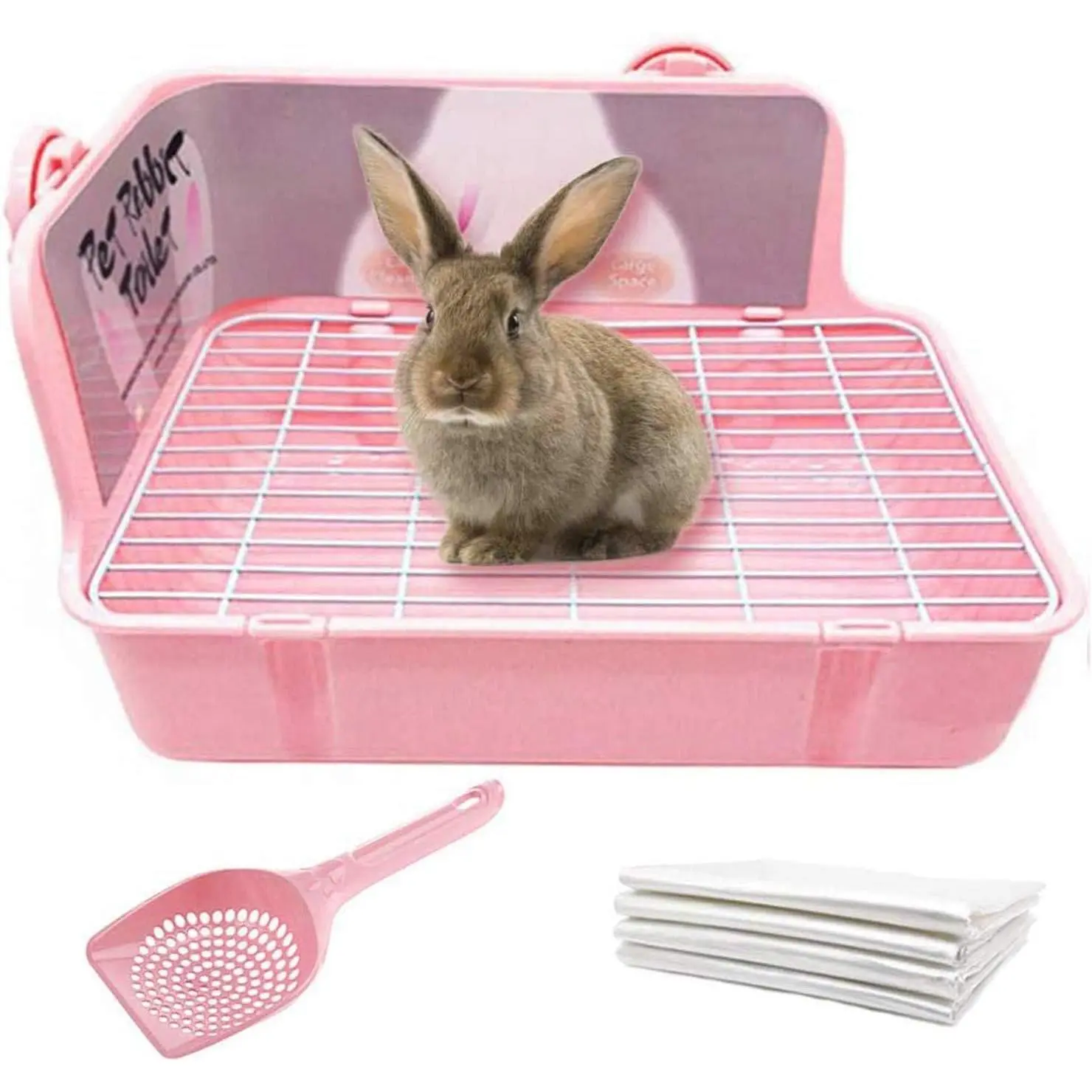1 x Bunny Litter Box, Corner Animal Training Tray with Grate, Scoop & 50 x Disposable Litter Pan Liners - Synthetic Durable Pet Toilet with Hanging Double Buckles (28x19x16 cm) for Guinea Pigs, Ferrets