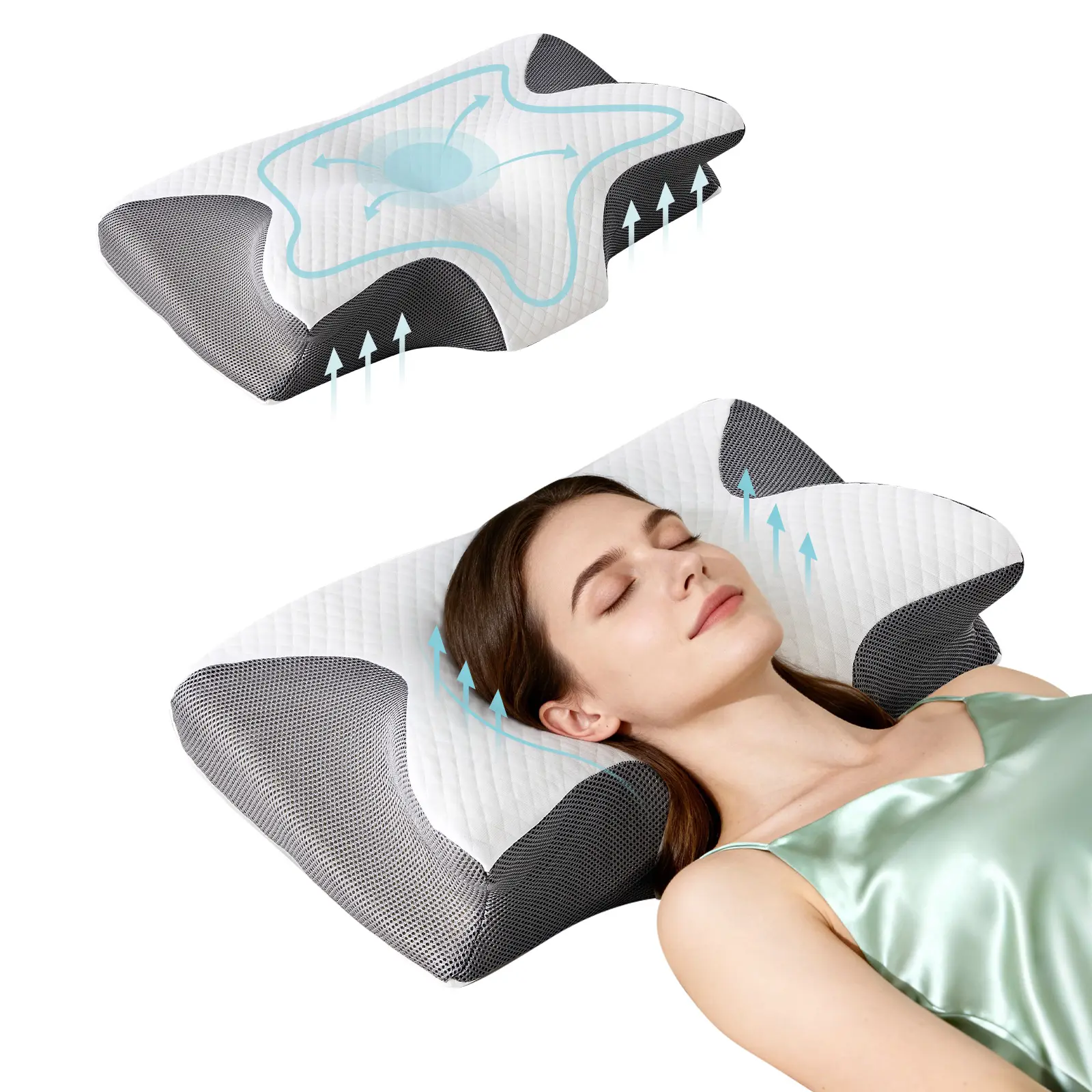 Orthopedic Neck Pillow, 23 Inch Ergonomic Cervical Pillow with Memory Foam, Pain Relief Bed Pillow for Adults, Removable Washable Cover