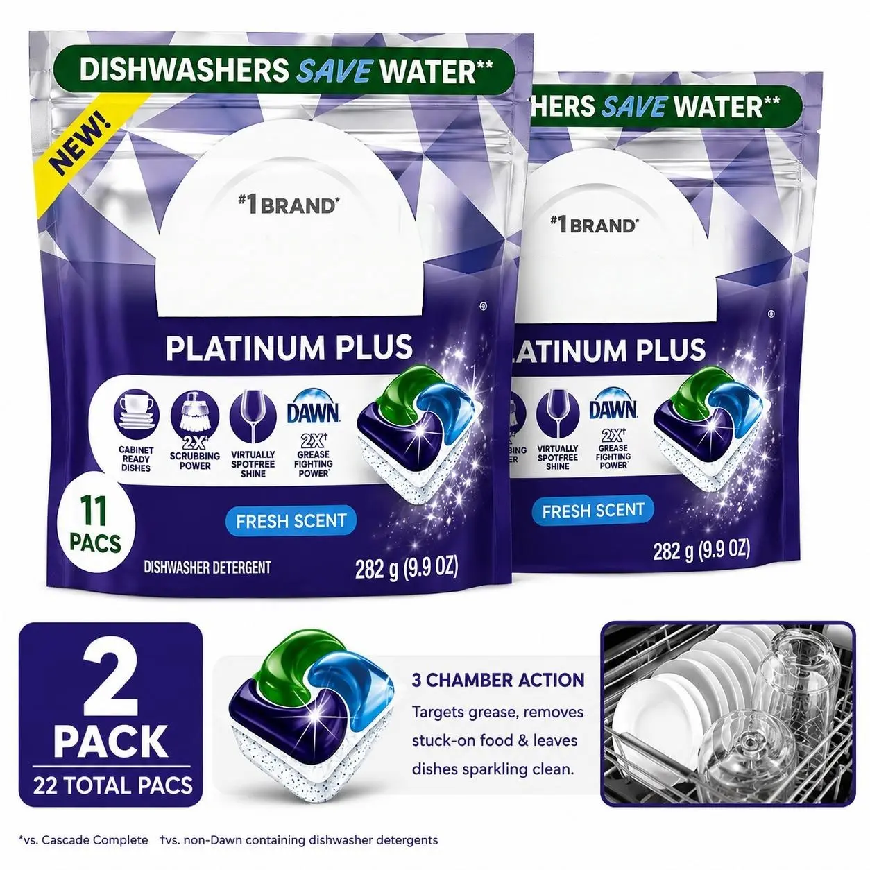 dishwasher detergent sheets, with a fresh scent, 11 sheets per pack, powerful grease-cutting formula, 2 packs (total of 22 sheets)