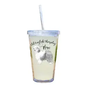 Tumbler, Acrylic Insulated, 16oz, Old English Sheepdog Mom with Lid and Straw, Reusable, Drinkware Drinkware Plastic Bottle Cup