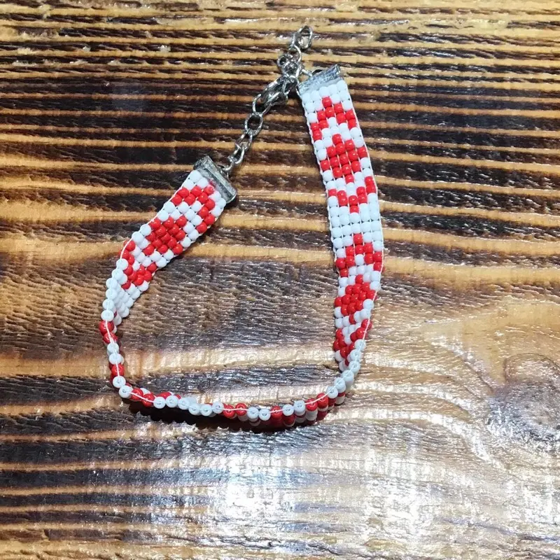 Handmade Red and White Peyote Bracelet with Unique Design and Durable Material