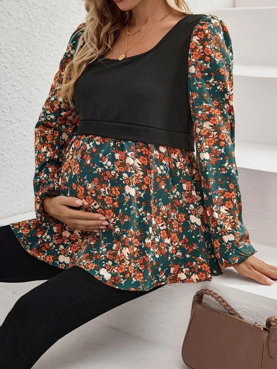 Maternity Lantern Sleeve Shirt, Print Patchwork Fall Pregnancy Top, Stylish Casual Long Sleeve Blouse