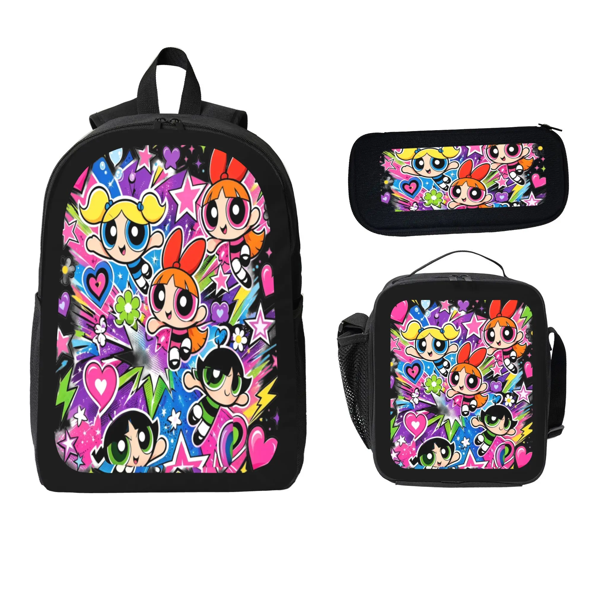 Kids' Cartoon Print Colorful Blossom Bubbles Buttercup Backpack, Lightweight Pastel Luggage Bag with Zippered Front Pocket, Side Mesh Pockets, Adjustable Straps (Crossbody/Sackpack for School Use)