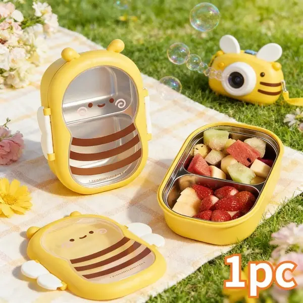 Cute Bee Wing Shaped Stainless Steel Lunch Box - 2-Compartment, Compact, Sealed Buckle, Steel-Lined, Leak-Proof, Lightweight, Reusable Food Organizer, Portable for School, Park Picnics, Outdoor Camping