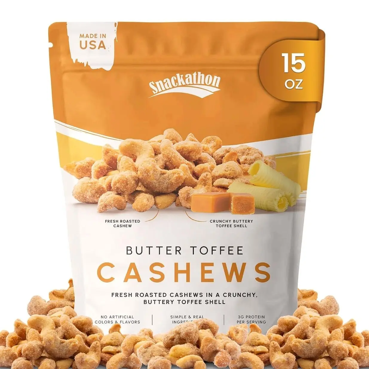 Snackathon Butter Toffee Cashews, 15 oz Resealable Bag, Made in USA, All-Natural Fresh Roasted Nuts Coated in a Crunchy Buttery Toffee Shell, Gourmet Sweet & Salty Snack