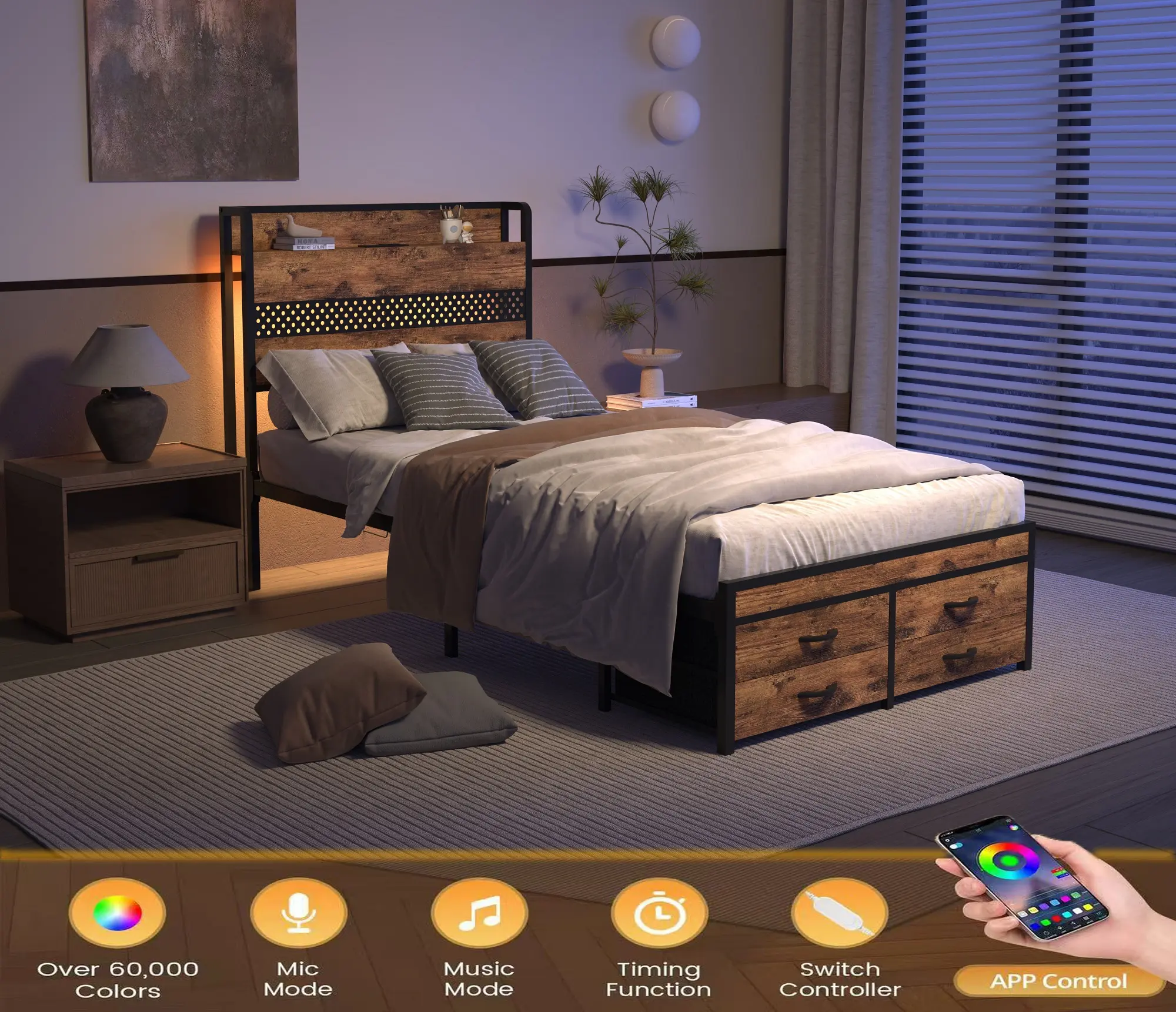 Twin Bed Frames with Headboard, Twin Size Bed Frames with Storage Drawers, Twin Bed, Metal Platform Bed Frame, Single Bed Frame, No Box Spring Needed