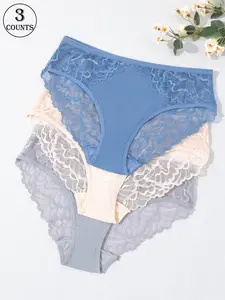 3 pack women lace mid rise panties Lingerie lightweight knit fabric cool breathable long wear comfort Underwear