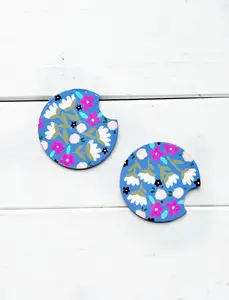 Periwinkle Floral Car Coaster Set - Hand Painted