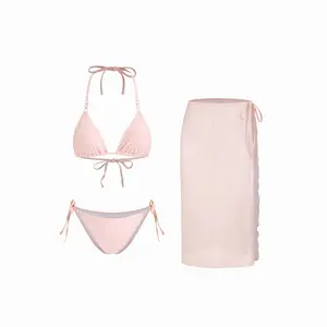 Cider Halter Neckline Triangle Bikini 3-pieces Set With Sheer Sarong