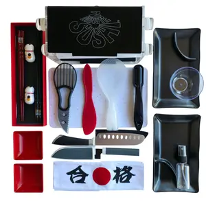 Black 18Pc Sushi Making Kit | Automatic Sushi Roller Machine with Lucky Cat Chopstick Holders | DIY Beginner Sushi Set for Home | Easy Sushi Maker Tool with Rolling Machine, Knives, Dishes & Accessories | Fun Japanese Cooking Gadget for Families & Parties