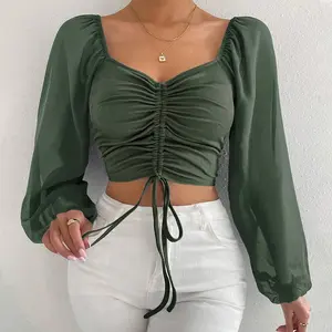 2025 European and American women's French design one-shoulder drawstring green lantern sleeve short top