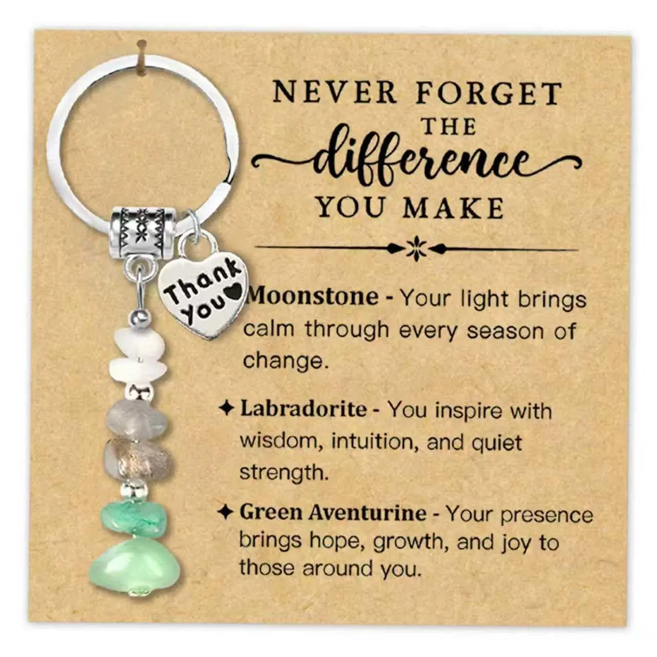 Thank You Heart Crystal Keychain  Moonstone Labradorite Green Aventurine Tumbled Stone Key Ring | Appreciation Gift Bag Charm Back to School Gifts