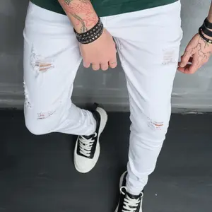 Men Stylish Streetwear Simple Holes Stretch Skinny Jeans Trousers Male Ripped Distressed Slim Pencil Denim Pants