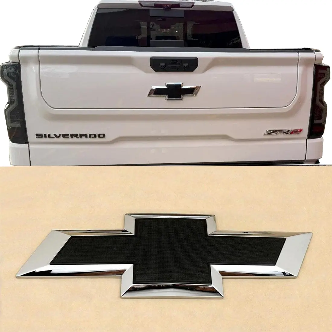 Chrome-Gloss Black Tailgate Rear Bowtie Shape Emblem Replacement Badge (1 Pack) - Corrosion-Resistant, Water-Resistant, Long-Lasting Truck Car Decal with Adhesive Bond for 2019-2026 Silverado 1500/2500HD/3500HD Pickup Truck Exterior Upgrade Accessory