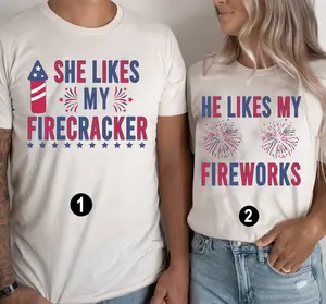 Funny Couples Fourth of July Shirts, She Likes My Firecracker, He Likes My Fireworks, 4th of July Shirt, American Flag Shirt, Matching 4th Of July Couple