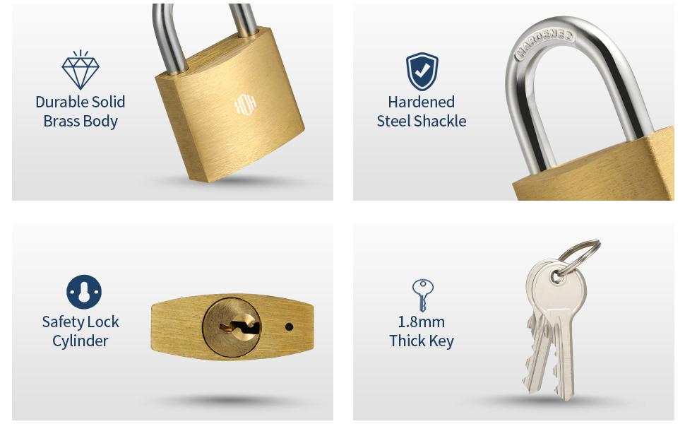 HOX Keyed Padlock, Waterproof and Rustproof, Solid Brass Lock with 1-1/4" Wide Body, Padlock with Keys for Storage Unit, Sheds, Garages and Fence