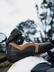 Men's Motorcycle Riding Boots High Top Leather Shoes, Round Toe Design, Breathable Pores, Adjustable Laces, Protective Gear Footwear