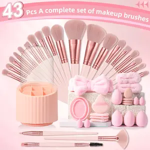 43pcs Face Makeup Tool Set, 22pcs Makeup Brushes & Brush Organizer Case & Hair Tie & 2pcs Wrist Straps & 4pcs Large Makeup Sponges & 4pcs Fan-Shaped Powder Puffs & 4pcs Mini Makeup Sponges & 4pcs Thumb Puffs & Brush Cleaning Bowl