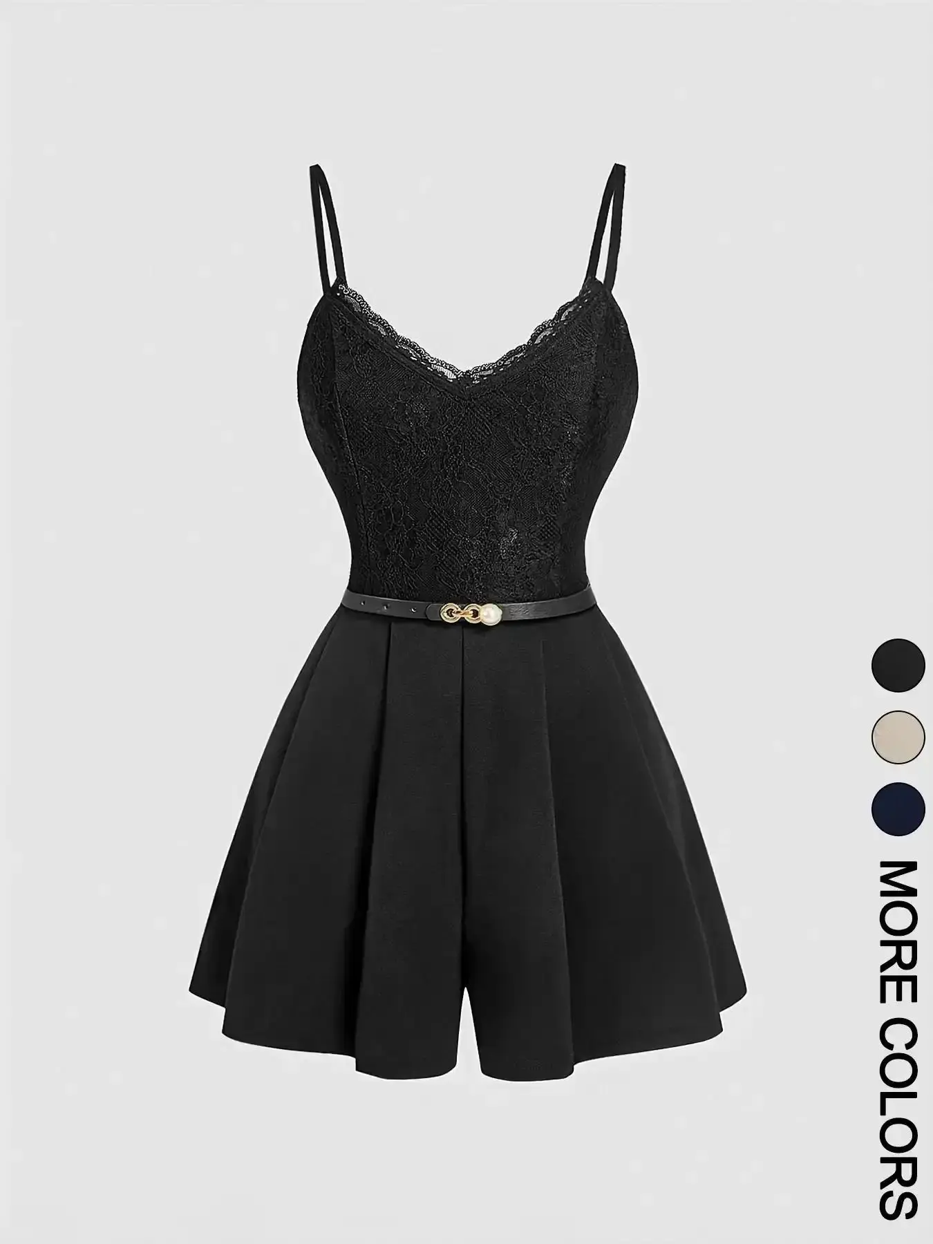 1 piece Women's Spring Summer Lace Spliced Cami Fitted Playsuit V Neck Sleeveless Womenswear Jumpsuit with Belt, Chic Elegant Fashion for Casual Outings