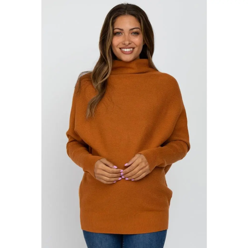 Camel Funnel Neck Dolman Sleeve Maternity Sweater