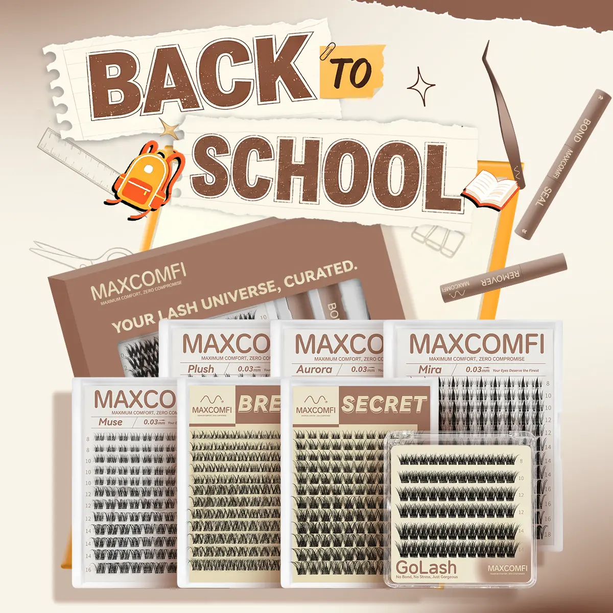 MAXCOMFI Pro DIY Cosmetic Cluster Lashes Set, Limited-Time Deal, Waterproof Long-Lasting Venus Velure Style, Natural to Voluminous Anime Manga Lashes for Beginners, Makeup Essential, Anime Lashes Summervibes,sunscreen,back to school