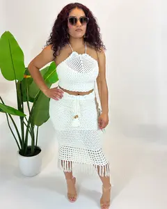 Halter Crop Top Vacay Crochet 2 Piece Skirt Set two-piece set