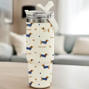 1pc 30oz Stainless Steel Tumbler with Lid and Straw, Cute Dachshund Dog Print "Happy Puppy", Double Wall Vacuum Insulated Mug, Keep Hot 12H/Cold 24H, Reusable Travel Thermal Cup for Car, Office, Outdoor Sports, Gift for Dog Lovers and Friends