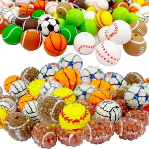 10pcs/20pcs/40pcs Sport-Themed beads set-included 16mm Resin Rhinestone Beads,18mm silicone beads, Basketball, Football, Baseball, Clay Disco Ball Designs, for DIY Jewelry, Bracelets, Earrings, Lanyards, Keychains, Craft Focal Beads