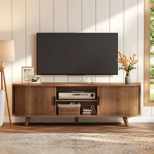 HOOBRO 59.1-Inch TV Stand with Sliding Doors, Entertainment Center for TVs up to 70 Inch, Media Consoles with Open Storage Shelves, Solid Wood Support Legs, for Living Room, Bedroom, Walnut