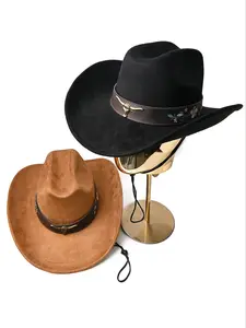 Vintage Western Cowboy Hat for Men and Women, Faux Leather Horn Decor, Embroidered Wide Brim, Streetwear Style, Unisex Fashion Accessory
