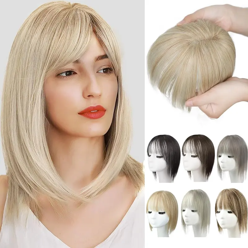 Women's 12-in Glueless Bangs Wig, Silky Straight Synthetic Hair Topper with Invisible Seamless Blend, Light Breathable Silk Base, Anti-Thinning Fix, Clip-In Curtain Bangs Extensions, Covers Grey Hair, Durable & Comfortable for Daily Summer Wear