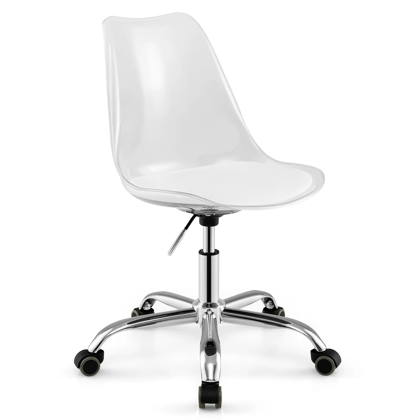 COSTWAY - Armless Rolling Office Chair with Swivel Seat and PU Leather Cushion-Clear