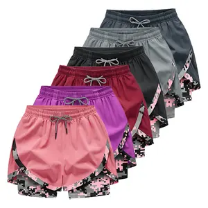 Women’s 2-in-1 running shorts, pink camo print quick-dry fitness workout shorts with built-in compression liner, anti-chafing training running shorts for women
