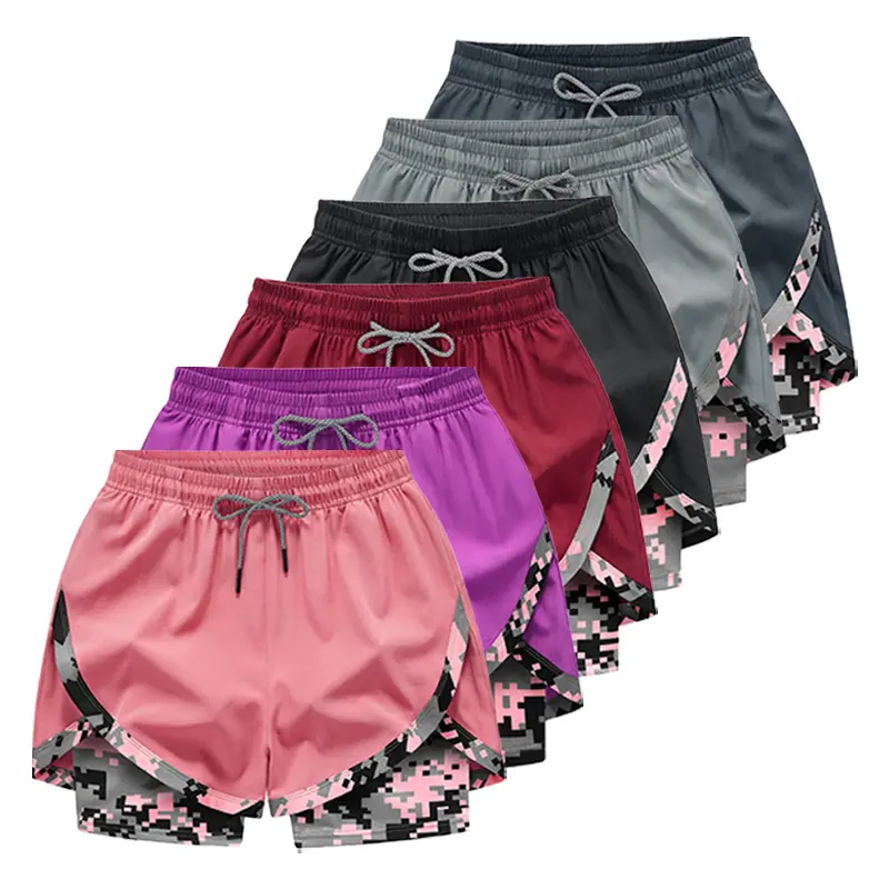 Women’s 2-in-1 running shorts, pink camo print quick-dry fitness workout shorts with built-in compression liner, anti-chafing training running shorts for women