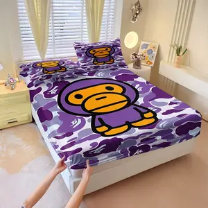 Bape Baby Milo Violet Camouflage Fitted Sheet Set, 1 Fitted Sheet & 2 Pillowcases, Soft Skin-Friendly Anti-Slip Wrinkle Resistant, Trendy Street Elements and Cute Cartoon, Personalized Trend Bedroom Decor, Bed Sheet Sets