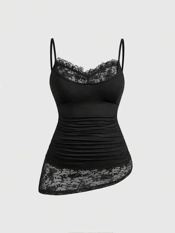 ORLINA Goth Plus Size Sexy Butterfly Lace Patchwork Minimalist Versatile Long Camisole And Tank Top