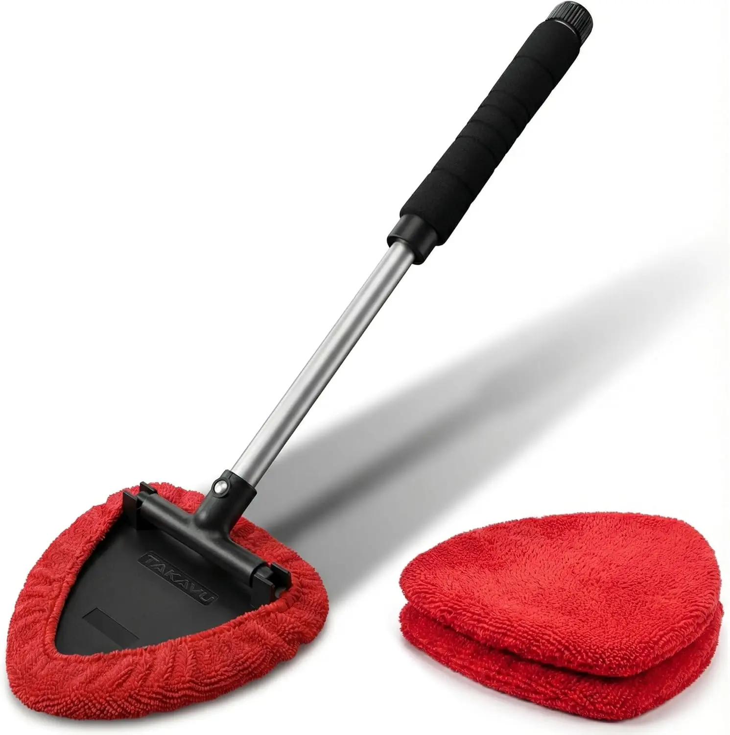 Car Window & Windshield Cleaner, Extendable, 3 Lint-Free Microfiber Pads (Red) - Pivoting Triangle Head Wiper, 3 Washable Reusable Bonnets, Cleans Interior & Exterior Glass