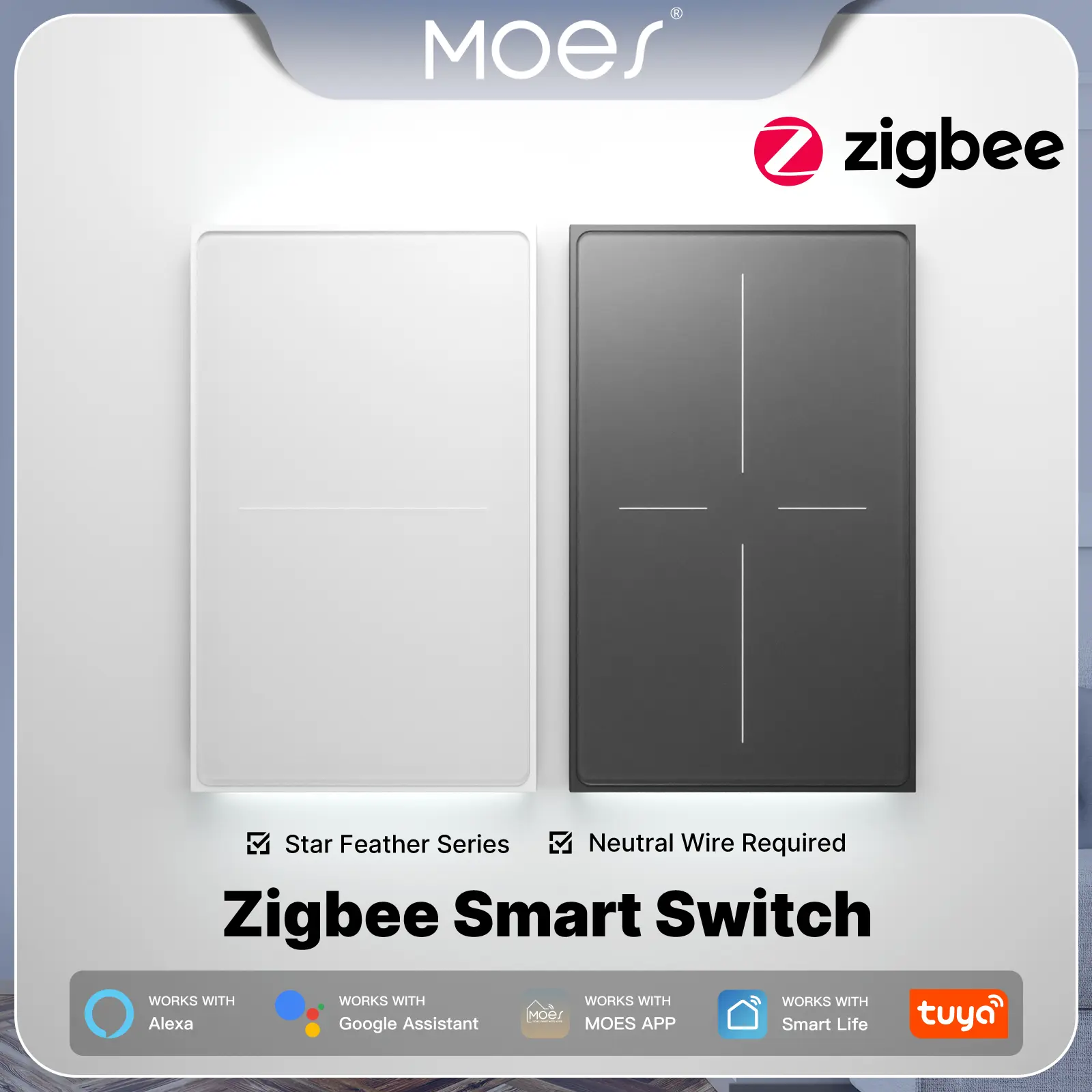 MOES SF Series US 1/2/3/4 Gang Zigbee Smart Wall Switch, Voice Control — Alexa & Google Assistant, Set Automatic On/Off Schedules, Easy Installation, Available in White and Gray.