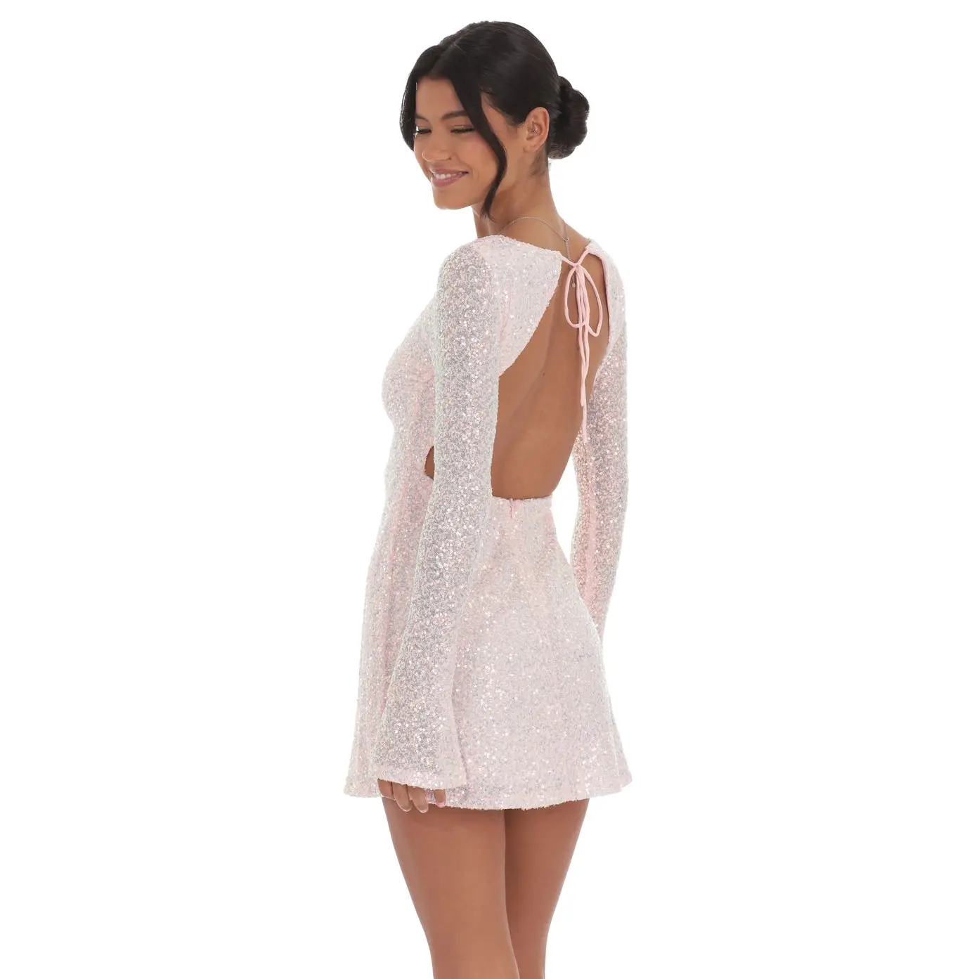 Lucy In The Sky Sequin Long Sleeve Open Back Dress in Pink - TikTok Shop