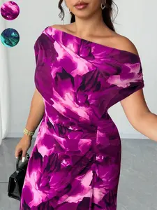 Plus Size Women's Dye-Print Long Dress, Shoulder-Exposed Waist-Cinch Slimming, Boho Style Party Evening Gown, Summer
